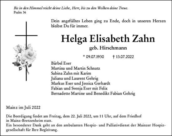 Traueranzeige von Helga Elisabeth Zahn von vrm-trauer AZ Mainz