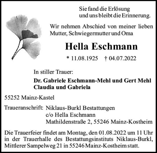Traueranzeige von Hella Eschmann von vrm-trauer AZ Mainz