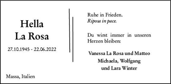 Traueranzeige von Hella La Rosa von vrm-trauer Groß-Gerauer Echo