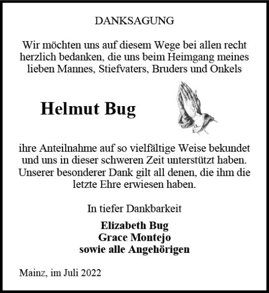Traueranzeige von Helmut Bug von vrm-trauer AZ Mainz