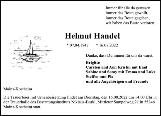 Traueranzeige von Helmut Handel von vrm-trauer AZ Mainz