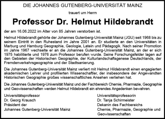 Traueranzeige von Helmut Hildebrandt von vrm-trauer AZ Mainz