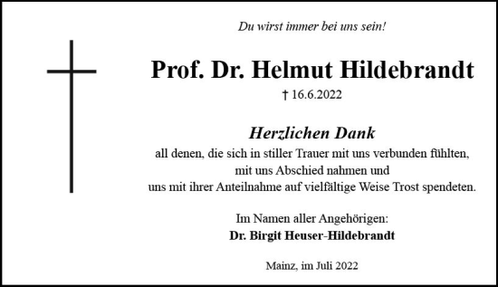 Traueranzeige von Helmut Hildebrandt von vrm-trauer AZ Mainz
