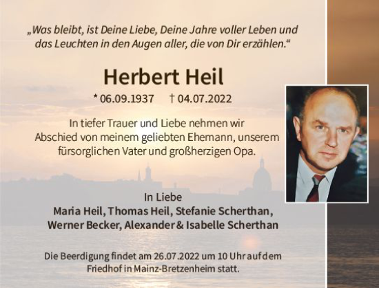 Traueranzeige von Herbert Heil von vrm-trauer AZ Mainz