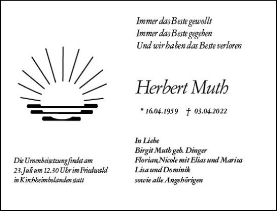 Traueranzeige von Herbert Muth von vrm-trauer Wormser Zeitung