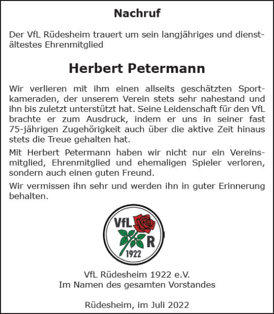 Traueranzeige von Herbert Petermann von vrm-trauer Allg. Zeitung Bad Kreuznach