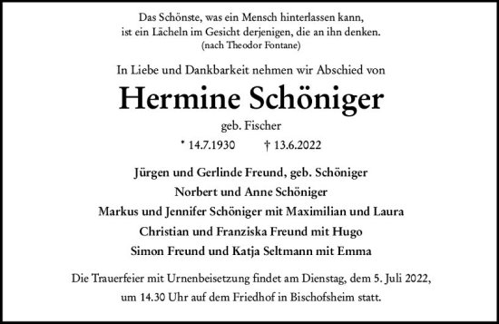 Traueranzeige von Hermine Schöniger von vrm-trauer Rüsselsheimer Echo / MainSpitze