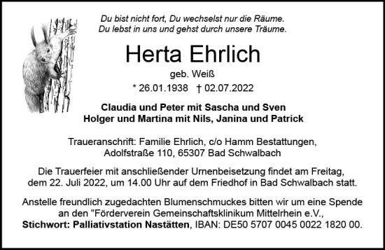 Traueranzeige von Herta Ehrlich von vrm-trauer Wiesbadener Kurier