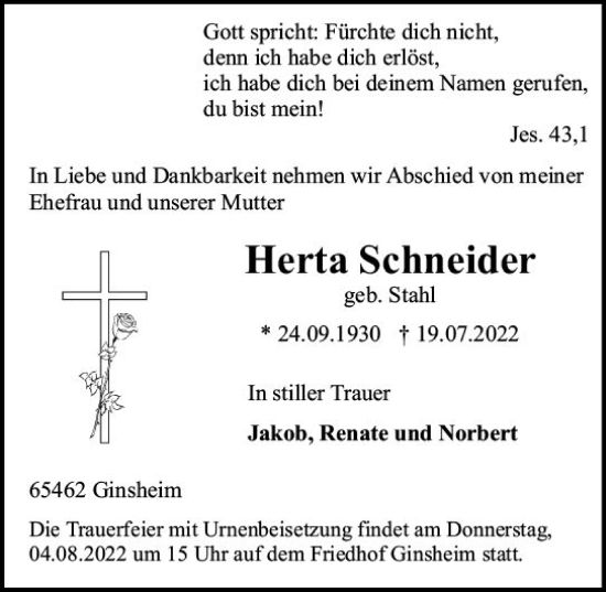 Traueranzeige von Herta Schneider von vrm-trauer Rüsselsheimer Echo / MainSpitze