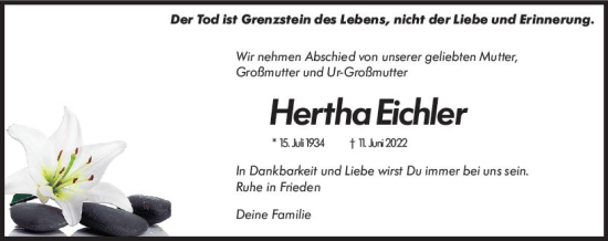 Traueranzeige von Hertha Eichler von vrm-trauer Groß-Gerauer Echo