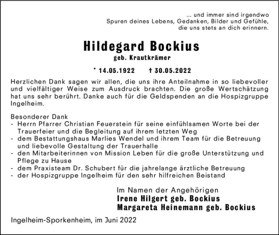 Traueranzeige von Hildegard Bockius von vrm-trauer Allgemeine  Zeitung Ingelheim-Bingen