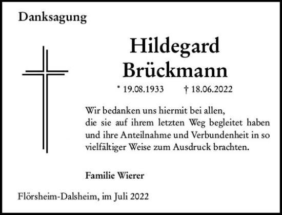 Traueranzeige von Hildegard Brückmann von vrm-trauer Wormser Zeitung