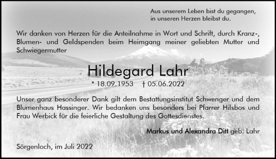 Traueranzeige von Hildegard Lahr von vrm-trauer AZ Mainz