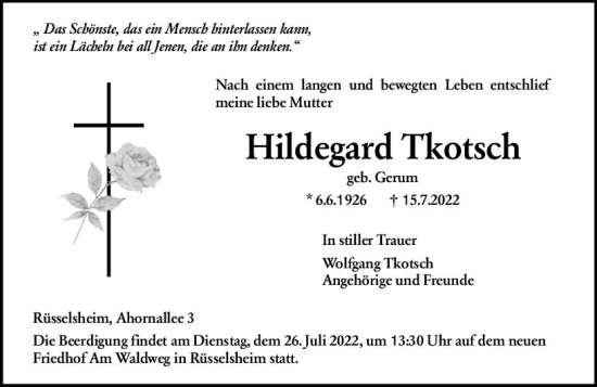 Traueranzeige von Hildegard Tkotsch von vrm-trauer Rüsselsheimer Echo / MainSpitze