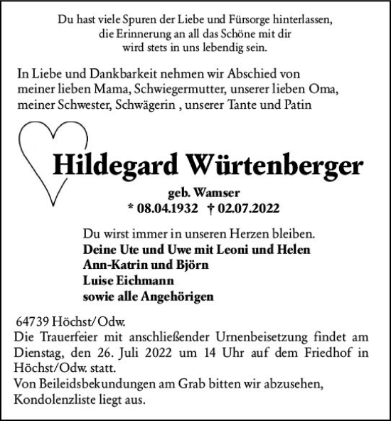 Traueranzeige von Hildegard Würtenberger von vrm-trauer Odenwälder Echo