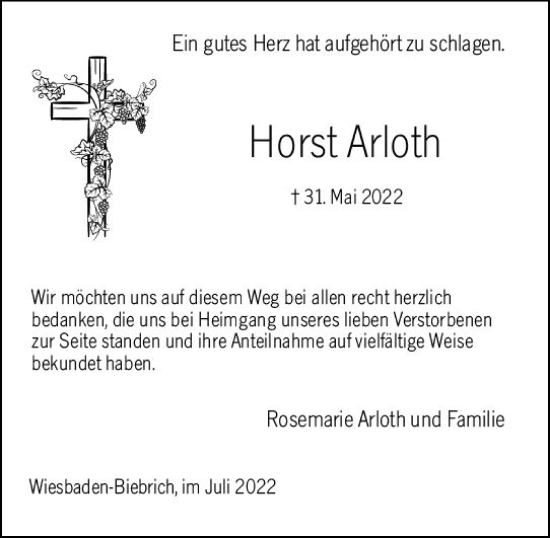 Traueranzeige von Horst Arloth von vrm-trauer Wiesbadener Kurier