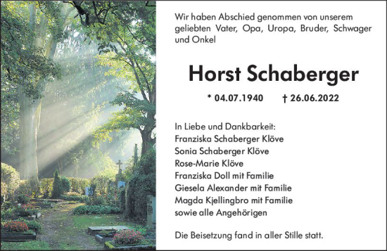 Traueranzeige von Horst Schaberger von vrm-trauer Allgemeine  Zeitung Ingelheim-Bingen
