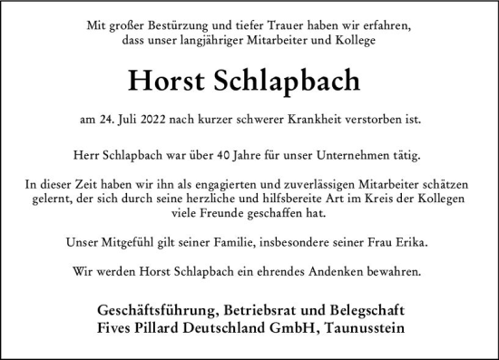 Traueranzeige von Horst Schlapbach von vrm-trauer Wiesbadener Kurier