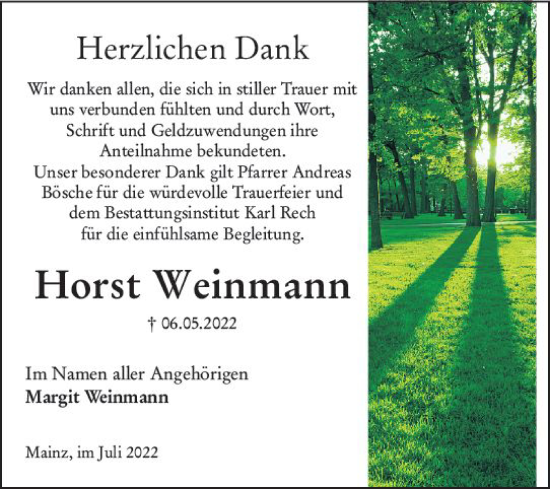 Traueranzeige von Horst Weinmann von vrm-trauer AZ Mainz