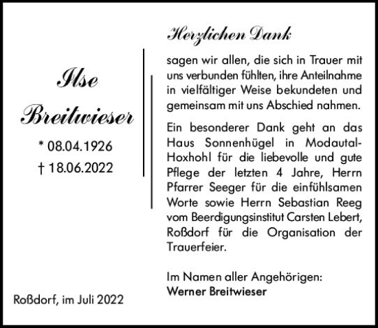Traueranzeige von Ilse Breitwieser von vrm-trauer Darmstädter Echo