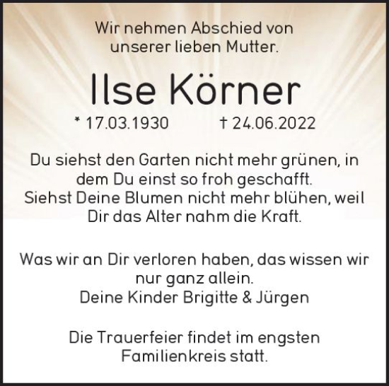 Traueranzeige von Ilse Körner von vrm-trauer Rüsselsheimer Echo / MainSpitze