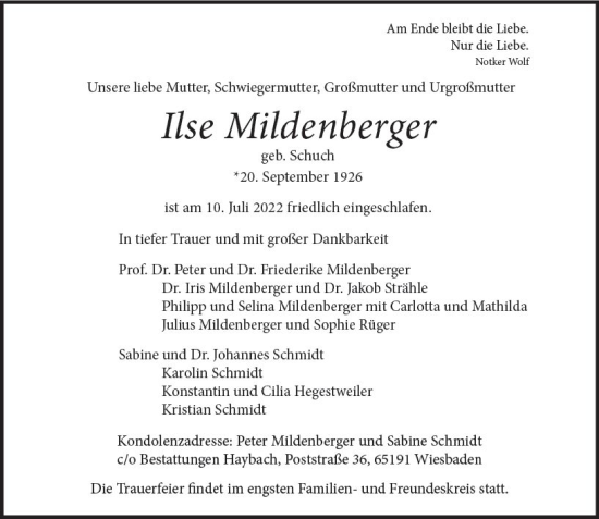 Traueranzeige von Ilse Mildenberger von vrm-trauer Wiesbadener Kurier