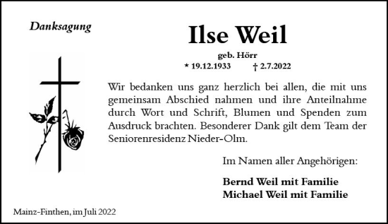 Traueranzeige von Ilse Weil von vrm-trauer AZ Mainz