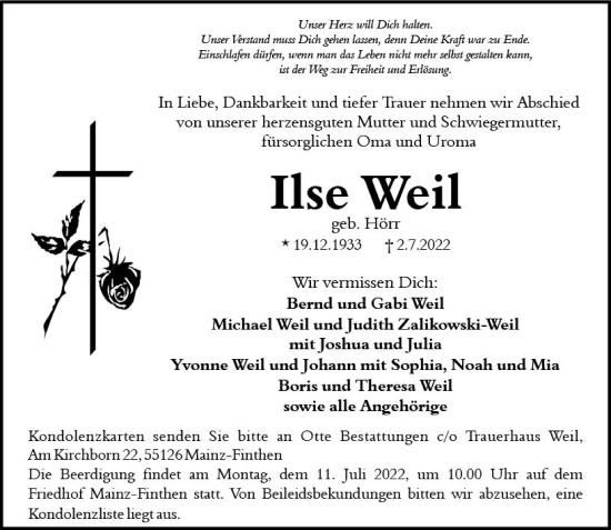 Traueranzeige von Ilse Weil von vrm-trauer AZ Mainz