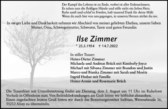 Traueranzeige von Ilse Zimmer von vrm-trauer Allgemeine Zeitung Alzey