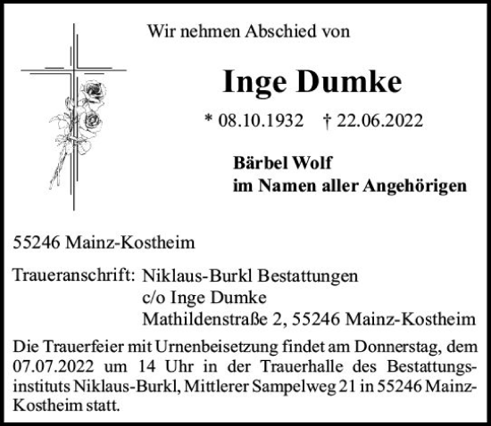 Traueranzeige von Inge Dumke von vrm-trauer AZ Mainz