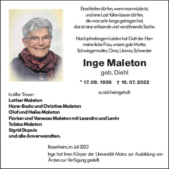 Traueranzeige von Inge Maleton von vrm-trauer Allg. Zeitung Bad Kreuznach