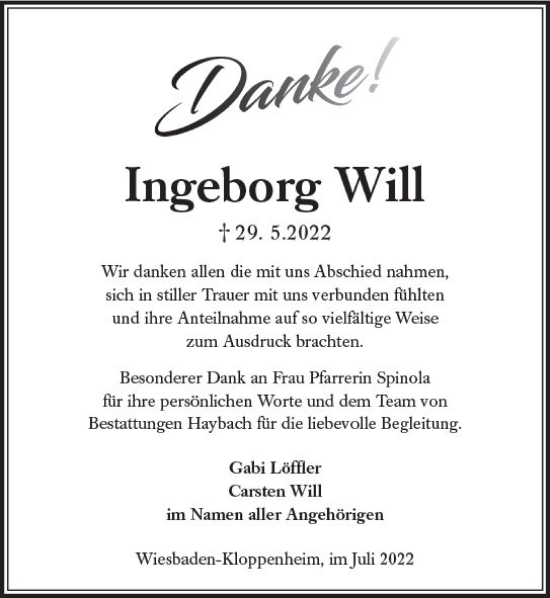Traueranzeige von Ingeborg Will von vrm-trauer Wiesbadener Kurier