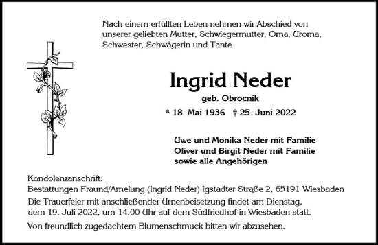 Traueranzeige von Ingrid Neder von vrm-trauer Wiesbadener Kurier