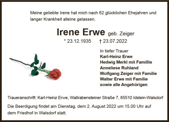 Traueranzeige von Irene Erwe von vrm-trauer Idsteiner Zeitung