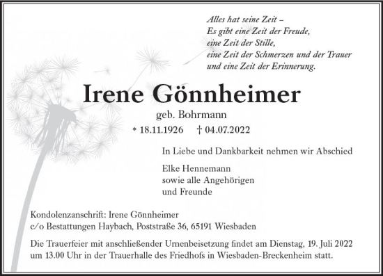 Traueranzeige von Irene Gönnheimer von vrm-trauer Wiesbadener Kurier