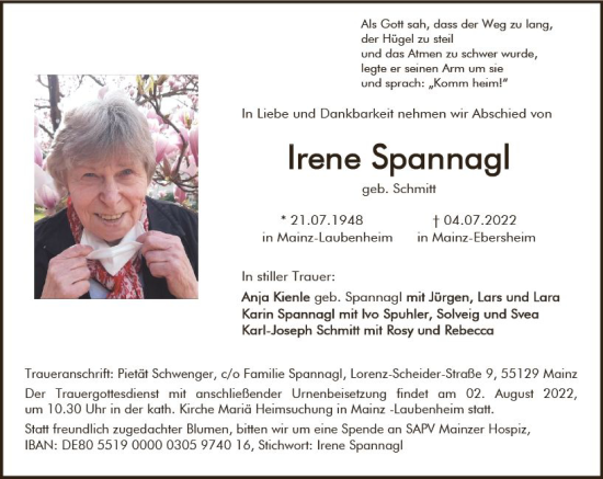 Traueranzeige von Irene Spannagl von vrm-trauer AZ Mainz