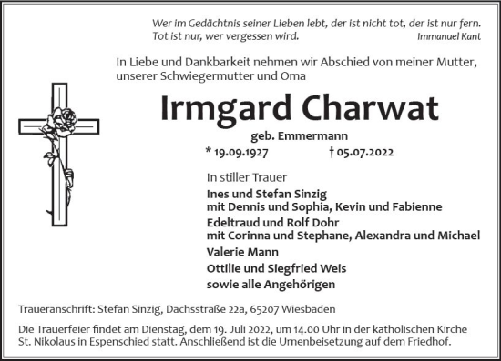 Traueranzeige von Irmgard Charwat von vrm-trauer Wiesbadener Kurier