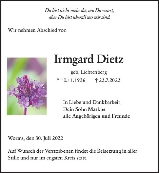 Traueranzeige von Irmgard Dietz von vrm-trauer Wormser Zeitung