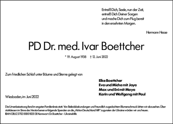 Traueranzeige von Ivar Boettcher von vrm-trauer Wiesbadener Kurier