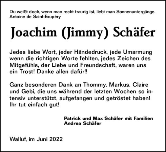 Traueranzeige von Joachim Schäfer von vrm-trauer Wiesbadener Kurier