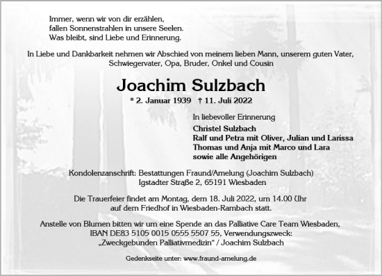 Traueranzeige von Joachim Sulzbach von vrm-trauer Wiesbadener Kurier