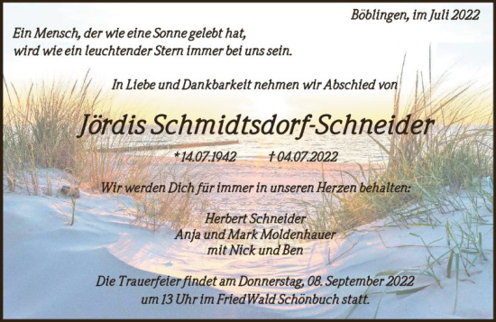 Traueranzeige von Jördis Schmidtsdorf-Schneider von vrm-trauer Darmstädter Echo