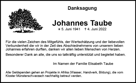 Traueranzeige von Johannes Taube von vrm-trauer Allgemeine Zeitung Alzey