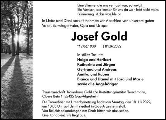 Traueranzeige von Josef Gold von vrm-trauer Allgemeine  Zeitung Ingelheim-Bingen