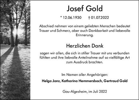 Traueranzeige von Josef Gold von vrm-trauer Allgemeine  Zeitung Ingelheim-Bingen