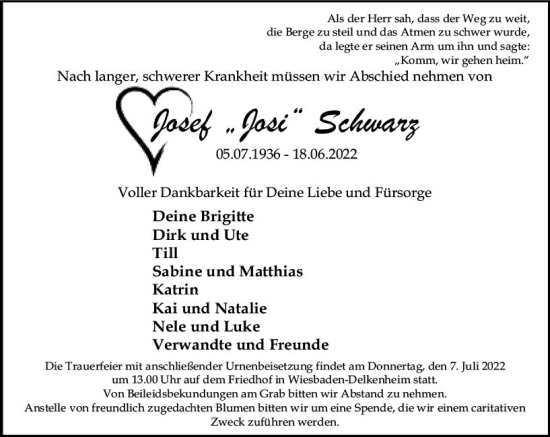 Traueranzeige von Josef Schwarz von vrm-trauer Wiesbadener Kurier