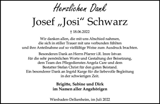 Traueranzeige von Josef Schwarz von vrm-trauer Wiesbadener Kurier