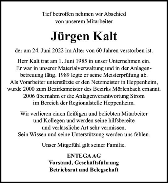 Traueranzeige von Jürgen Kalt von vrm-trauer Odenwälder Echo