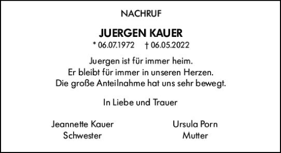Traueranzeige von Jürgen Kauer von vrm-trauer Allgemeine  Zeitung Ingelheim-Bingen
