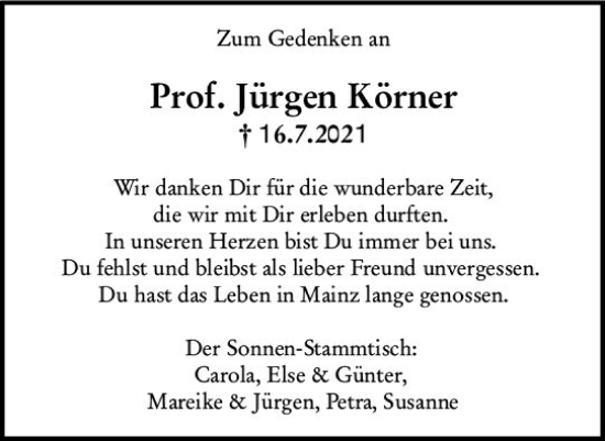 Traueranzeige von Jürgen Körner von vrm-trauer AZ Mainz